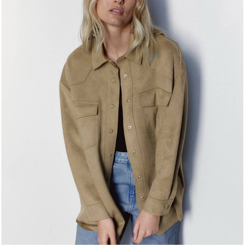 Zara Faux Suede Overshirt Shacket Shirt Jacket Snap Front Western